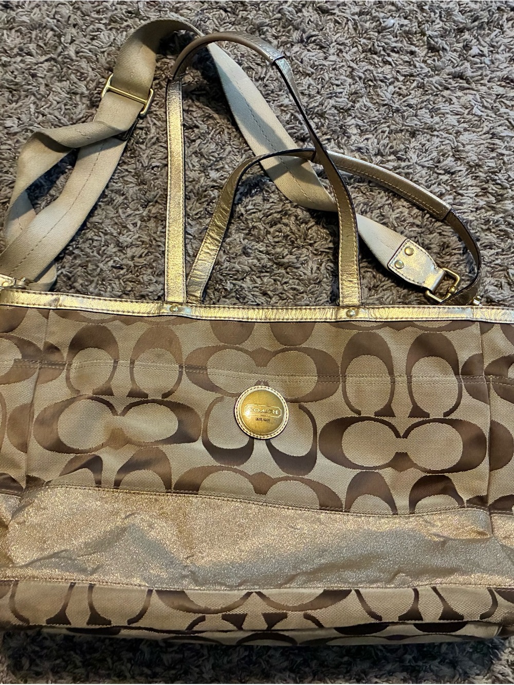 Vintage Coach tan Signature Jacquard Tote diaper bag with Gold Accents